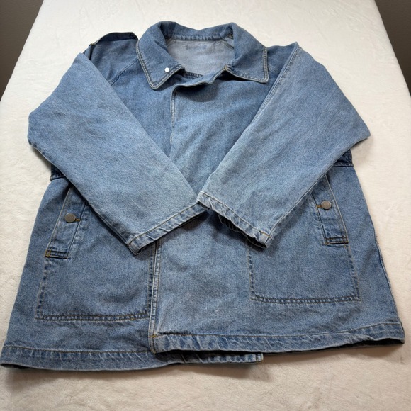 Forever 21 Premium Denim Jacket Women XL Blue Good Asymmetrical Utility Boxy - Picture 2 of 12